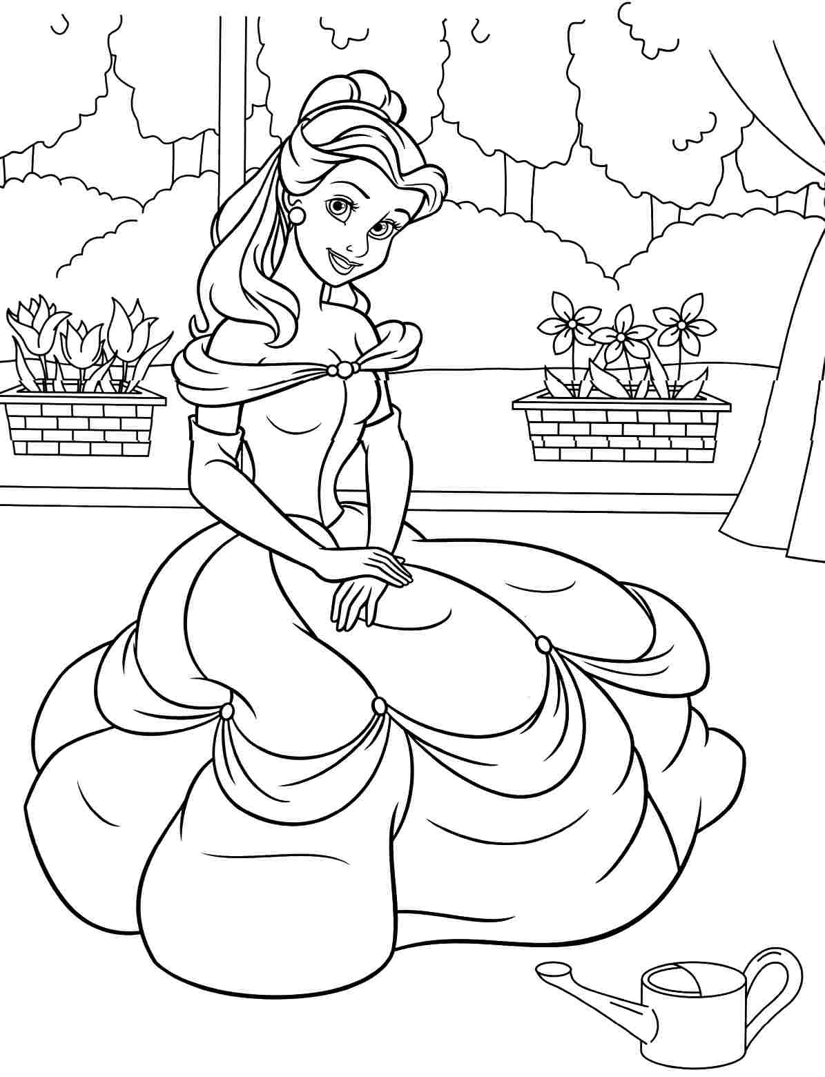 Belle with Flowers Coloring Page Free Printable 1