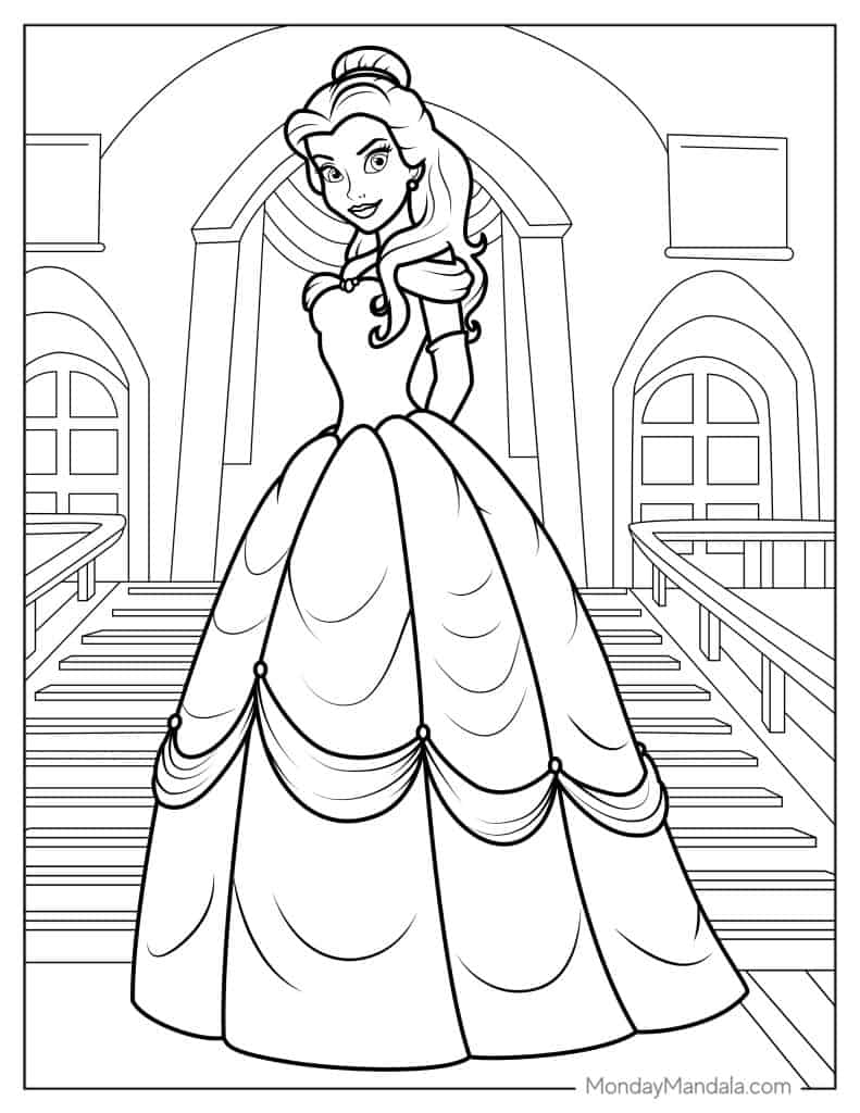 Belle with Flowers Coloring Page Free Printable 11