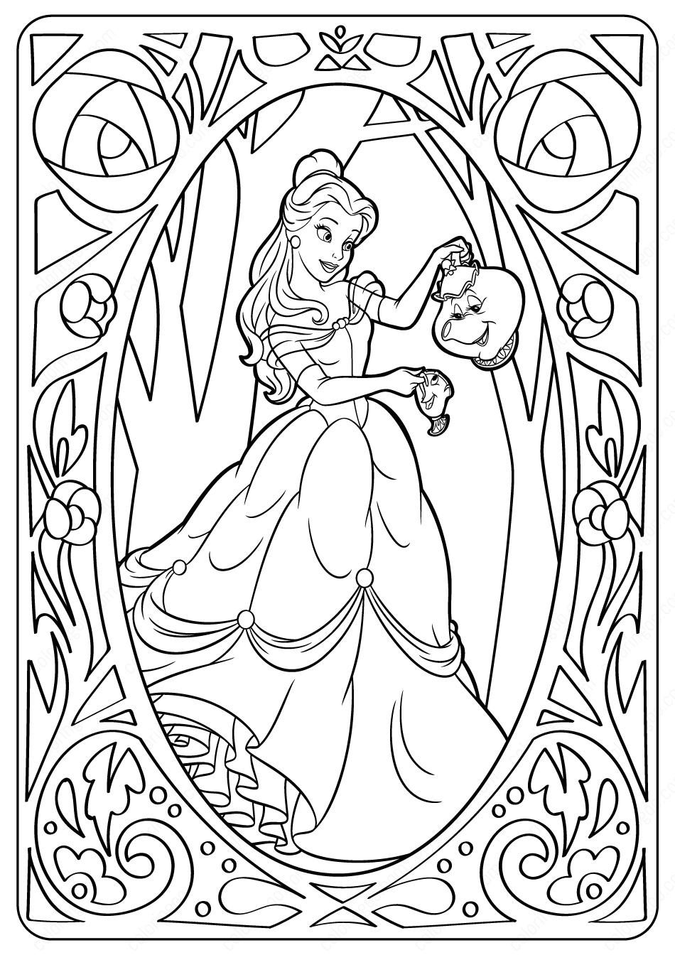 Belle with Flowers Coloring Page Free Printable 24