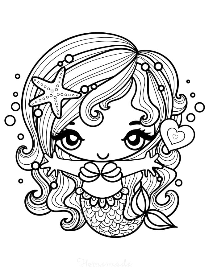 32 Adorable Kawaii Mermaid Coloring Pages Printable 28