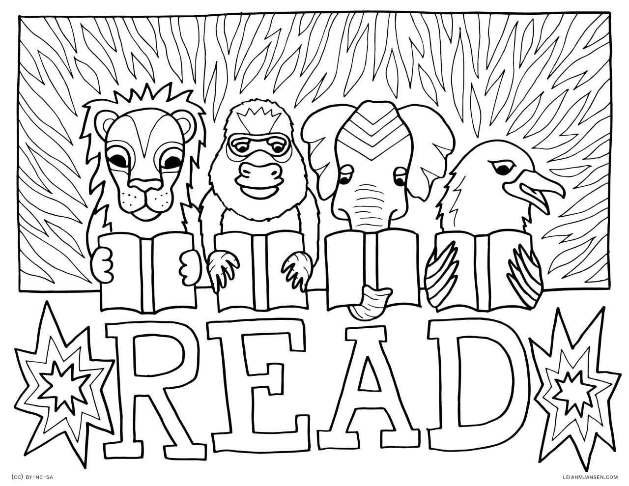 10 Fun Animal Reading Books Coloring Pages for Kids